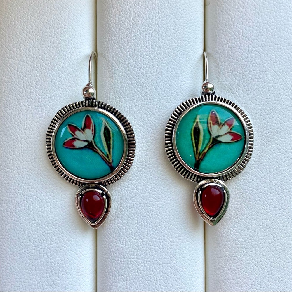 Floral Silver and Red Earrings